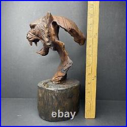 Art Deco Tiger Bust Solid Wood Carving Hand Carved H. H. Signed Sculpture