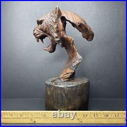 Art Deco Tiger Bust Solid Wood Carving Hand Carved H. H. Signed Sculpture