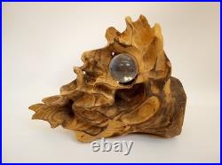 Artisan handcarved wood tree spirit skull carving with glass ball eye signed