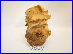 Artisan handcarved wood tree spirit skull carving with glass ball eye signed