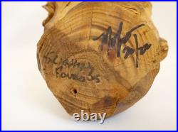 Artisan handcarved wood tree spirit skull carving with glass ball eye signed