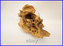 Artisan handcarved wood tree spirit skull carving with glass ball eye signed