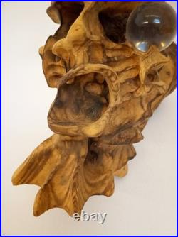 Artisan handcarved wood tree spirit skull carving with glass ball eye signed