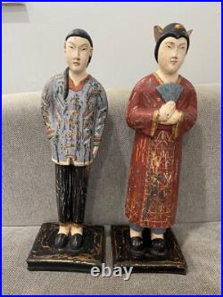 Asian Possibly Chinese Carved & Painted Pair Wood Statue Figurines Man & Woman