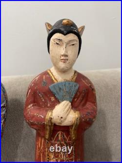 Asian Possibly Chinese Carved & Painted Pair Wood Statue Figurines Man & Woman