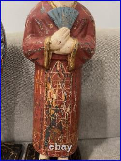 Asian Possibly Chinese Carved & Painted Pair Wood Statue Figurines Man & Woman Asian Possibly Chinese Carved & Painted Pair Wood Statue Figurines Man & Woman