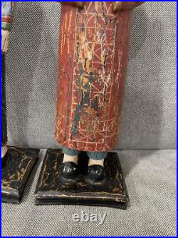 Asian Possibly Chinese Carved & Painted Pair Wood Statue Figurines Man & Woman