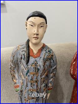 Asian Possibly Chinese Carved & Painted Pair Wood Statue Figurines Man & Woman