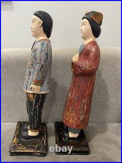 Asian Possibly Chinese Carved & Painted Pair Wood Statue Figurines Man & Woman