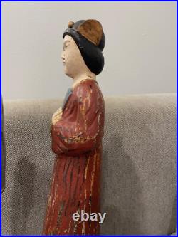 Asian Possibly Chinese Carved & Painted Pair Wood Statue Figurines Man & Woman