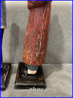 Asian Possibly Chinese Carved & Painted Pair Wood Statue Figurines Man & Woman Asian Possibly Chinese Carved & Painted Pair Wood Statue Figurines Man & Woman