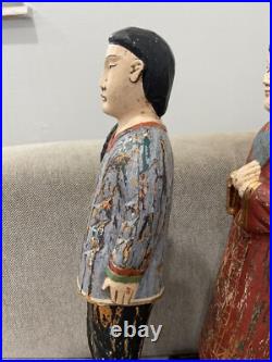 Asian Possibly Chinese Carved & Painted Pair Wood Statue Figurines Man & Woman Asian Possibly Chinese Carved & Painted Pair Wood Statue Figurines Man & Woman