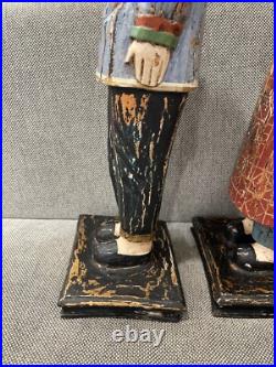 Asian Possibly Chinese Carved & Painted Pair Wood Statue Figurines Man & Woman