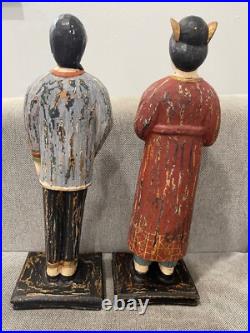Asian Possibly Chinese Carved & Painted Pair Wood Statue Figurines Man & Woman