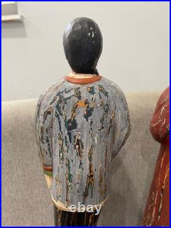Asian Possibly Chinese Carved & Painted Pair Wood Statue Figurines Man & Woman