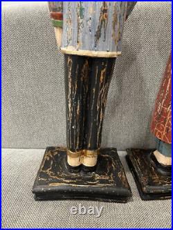 Asian Possibly Chinese Carved & Painted Pair Wood Statue Figurines Man & Woman