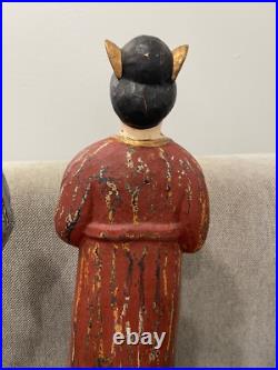 Asian Possibly Chinese Carved & Painted Pair Wood Statue Figurines Man & Woman Asian Possibly Chinese Carved & Painted Pair Wood Statue Figurines Man & Woman