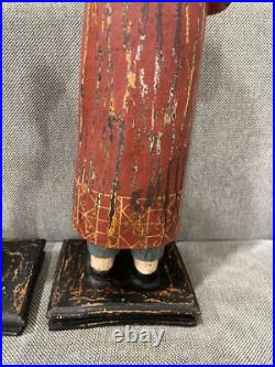 Asian Possibly Chinese Carved & Painted Pair Wood Statue Figurines Man & Woman