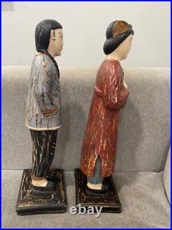 Asian Possibly Chinese Carved & Painted Pair Wood Statue Figurines Man & Woman Asian Possibly Chinese Carved & Painted Pair Wood Statue Figurines Man & Woman