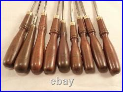 Atqe Lot of 9 BUCK BROTHERS Cabinetmaker Carving Chisels with R-WOOD Mahog. Hdles