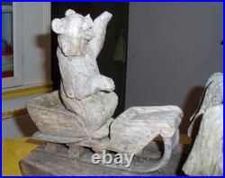 Awesome German Antique Folk Art Wood Carving Sculpture Horse Sled Bear Christmas