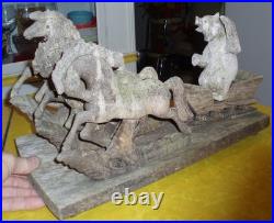 Awesome German Antique Folk Art Wood Carving Sculpture Horse Sled Bear Christmas