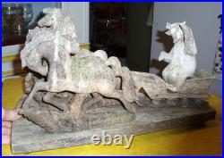 Awesome German Antique Folk Art Wood Carving Sculpture Horse Sled Bear Christmas