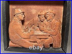 BAS RELIEF WOOD CARVING PANEL B Schwarz Men With Cards Frame Sculpture Folk Art