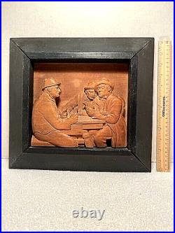 BAS RELIEF WOOD CARVING PANEL B Schwarz Men With Cards Frame Sculpture Folk Art