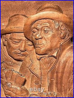 BAS RELIEF WOOD CARVING PANEL B Schwarz Men With Cards Frame Sculpture Folk Art