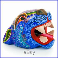 BLUE JAGUAR HEAD Oaxacan Alebrije Wood Carving Mexican Art Animal Sculpture