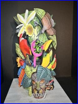 BORUCA MASK Hand Carved Wood Signed Birds And Frogs Read Discription Damage