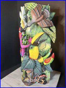 BORUCA MASK Hand Carved Wood Signed Birds And Frogs Read Discription Damage BORUCA MASK Hand Carved Wood Signed Birds And Frogs Read Discription Damage