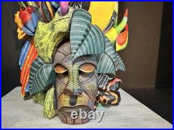 BORUCA MASK Hand Carved Wood Signed Birds And Frogs Read Discription Damage
