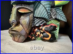 BORUCA MASK Hand Carved Wood Signed Birds And Frogs Read Discription Damage