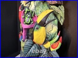 BORUCA MASK Hand Carved Wood Signed Birds And Frogs Read Discription Damage