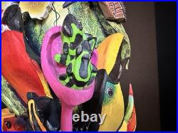 BORUCA MASK Hand Carved Wood Signed Birds And Frogs Read Discription Damage