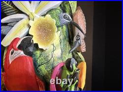 BORUCA MASK Hand Carved Wood Signed Birds And Frogs Read Discription Damage