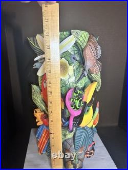 BORUCA MASK Hand Carved Wood Signed Birds And Frogs Read Discription Damage