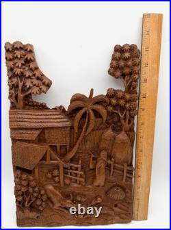 Balinese Artisan 3D Hand Carved Figural Wooden Plaque. 13x 9
