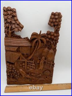 Balinese Artisan 3D Hand Carved Figural Wooden Plaque. 13x 9