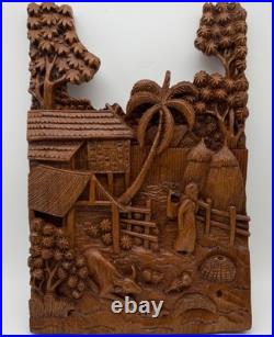 Balinese Artisan 3D Hand Carved Figural Wooden Plaque. 13x 9