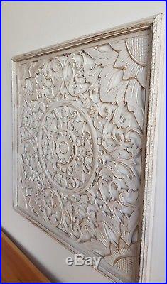 Balinese Carved Wood Wall Panels Wall Hanging Art White Wash Large 62 CM X 62 CM