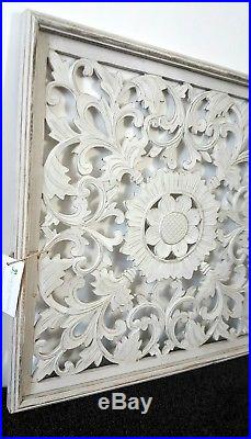 Balinese Carved Wood Wall Panels Wall Hanging Art White Wash Large 62 Cm x 62 CM