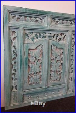 Balinese Hand Carved Prison Mirror Wall Hanging Solid Wood Frame Turquoise Wash
