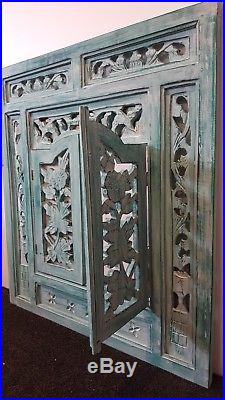 Balinese Hand Carved Prison Mirror Wall Hanging Solid Wood Frame Turquoise Wash