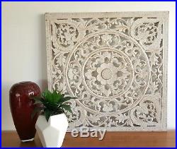 Balinese Hand Carved White Wash Wood Panel Large Art 80 CM X 80 CM
