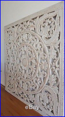 Balinese Hand Carved White Wash Wood Panel Large Art 80 CM X 80 CM