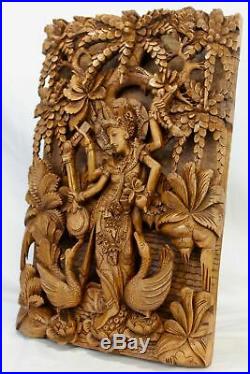 Balinese Saraswati Goddess Relief Panel Wall art Sculpture wood carving Bali Art