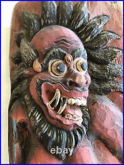 Balinese Wood Carving Red Demon Hewn Sculpture Hand Painted Asian Art Panel